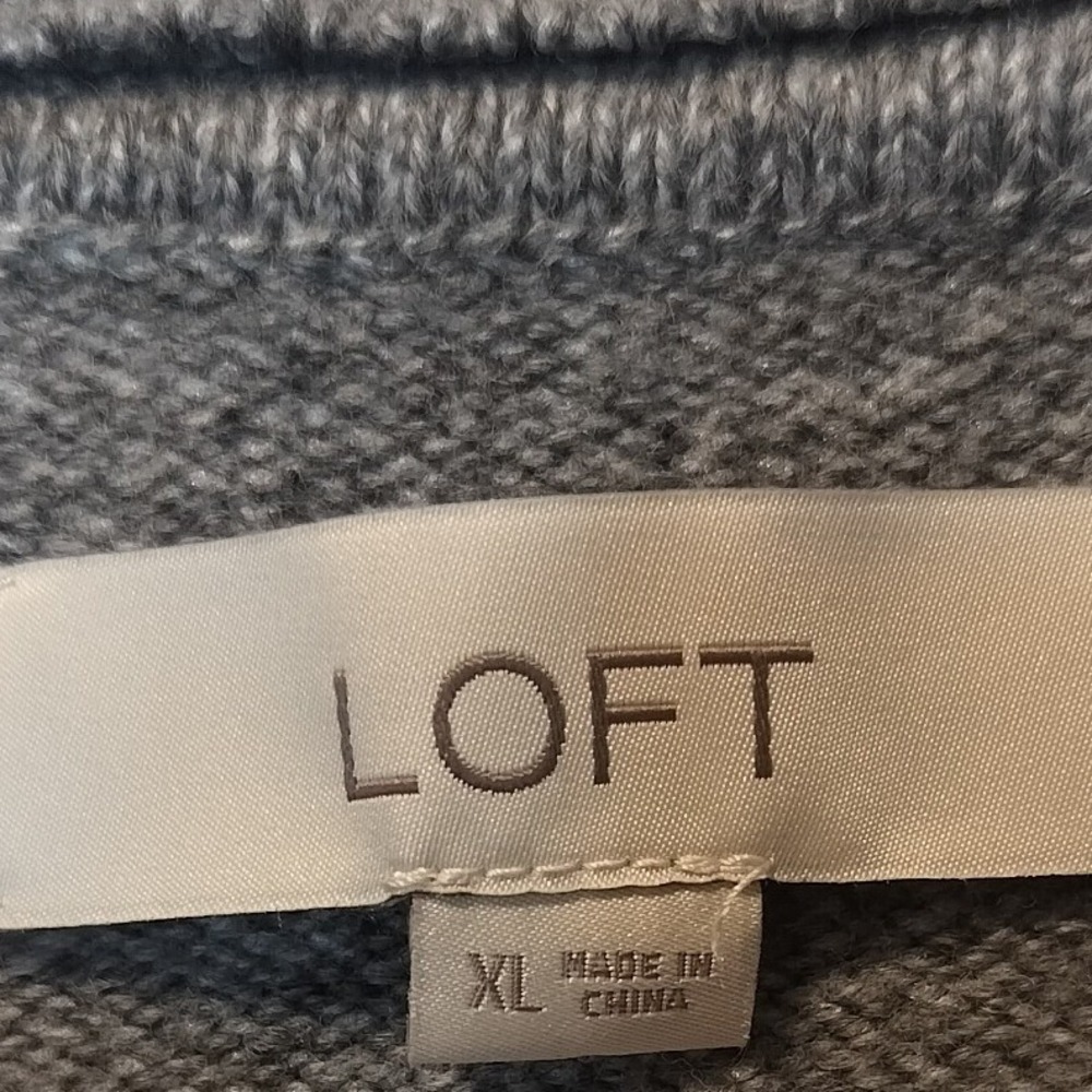 Loft Gray White Stripe Cowl Neck Front Pocket Long Sleeve Pullover Sweater XL - Picture 2 of 6